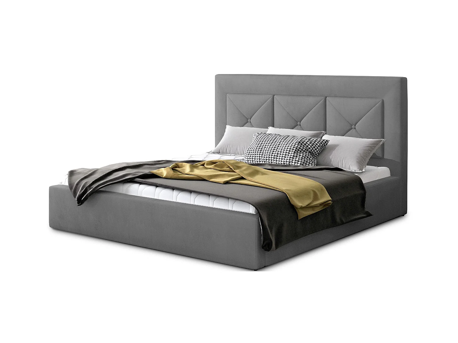 Lit double rembourré en velours Clarin-Couleur Gris-140x200-Version coffre de rangement