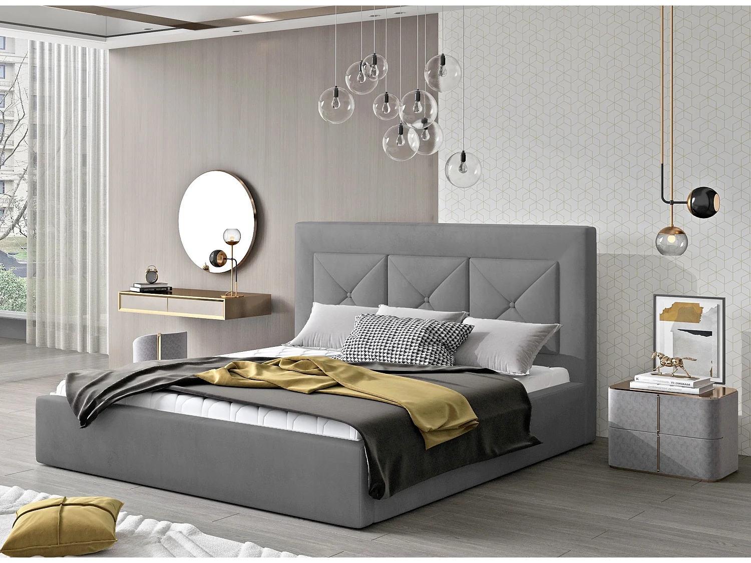 Lit double rembourré en velours Clarin-Couleur Gris-140x200-Version coffre de rangement