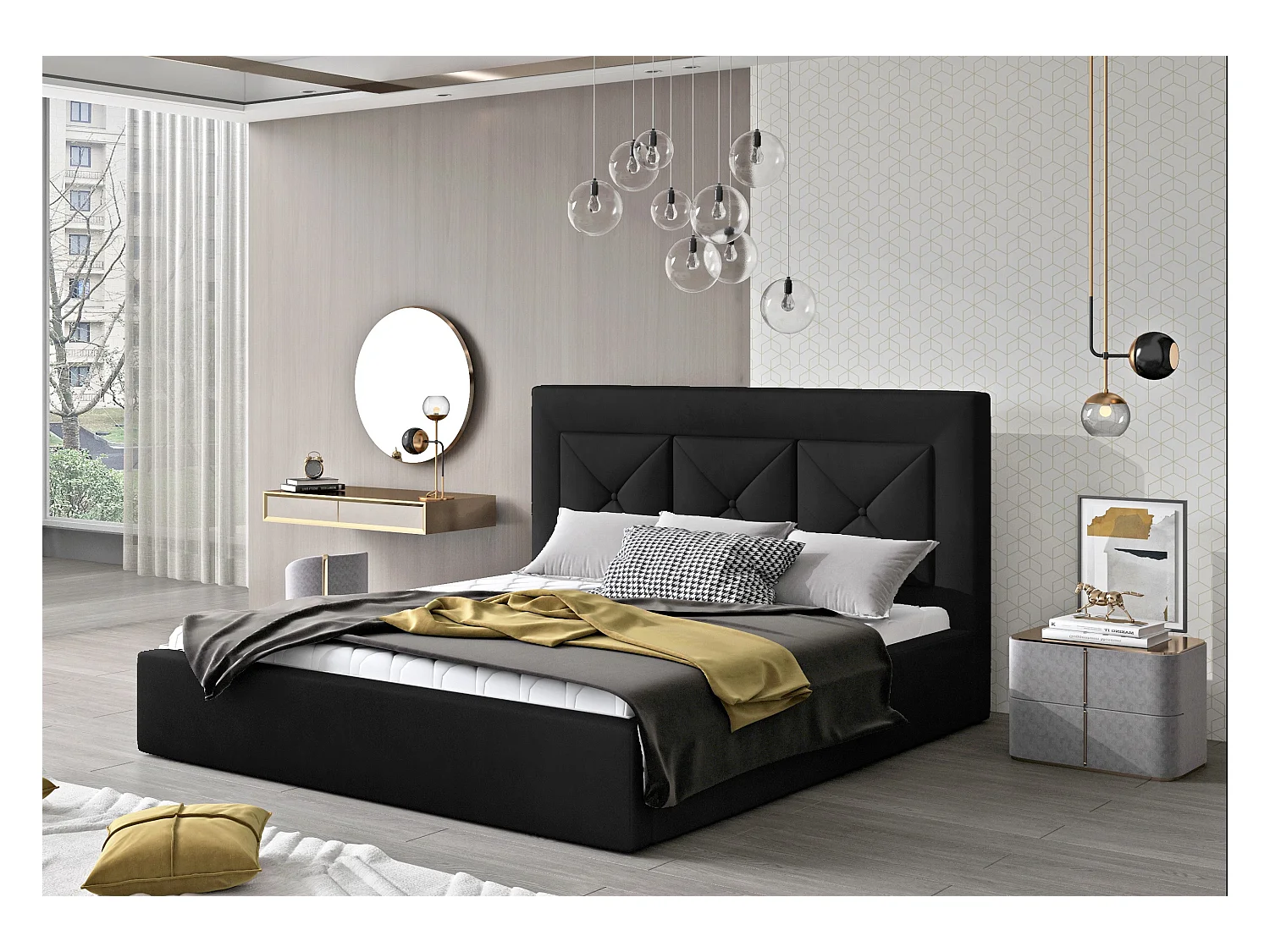 Lit double rembourré en velours Clarin-Couleur Noir-200x200-Version coffre de rangement