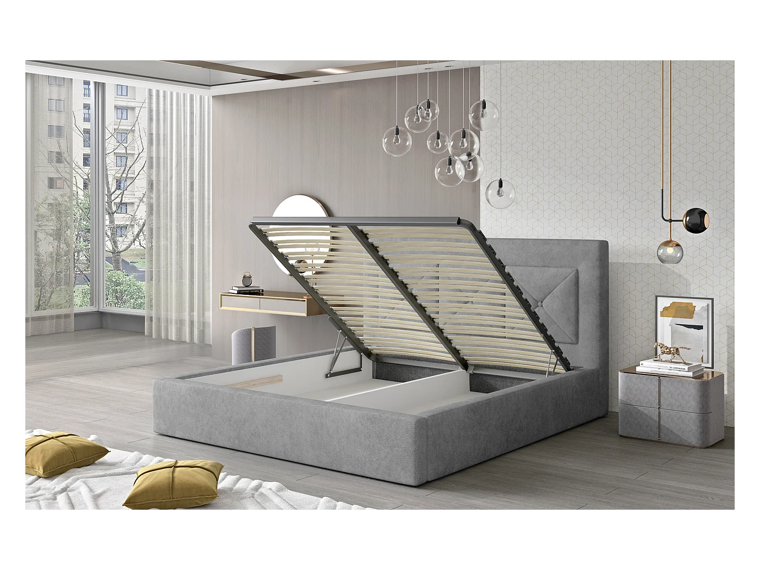 Lit double rembourré en velours Clarin-Couleur Noir-200x200-Version coffre de rangement