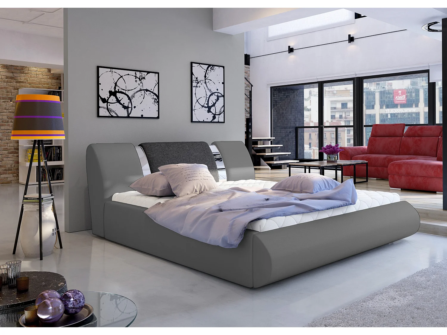 Lit coffre 180x200 simili gris-tissu gris foncé et métal chromé Flavien