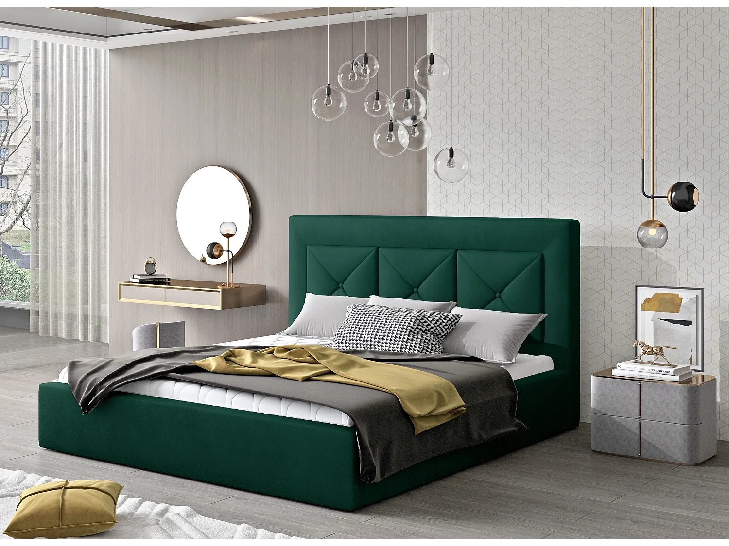 Lit double rembourré en velours Clarin-Couleur Vert épinard-160x200-Version coffre de rangement