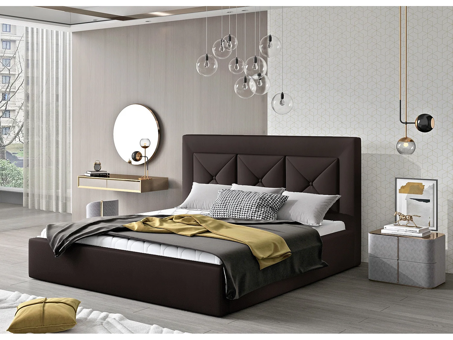 Lit double rembourré en simili cuir Clarin-Couleur Marron-140x200-Version coffre de rangement