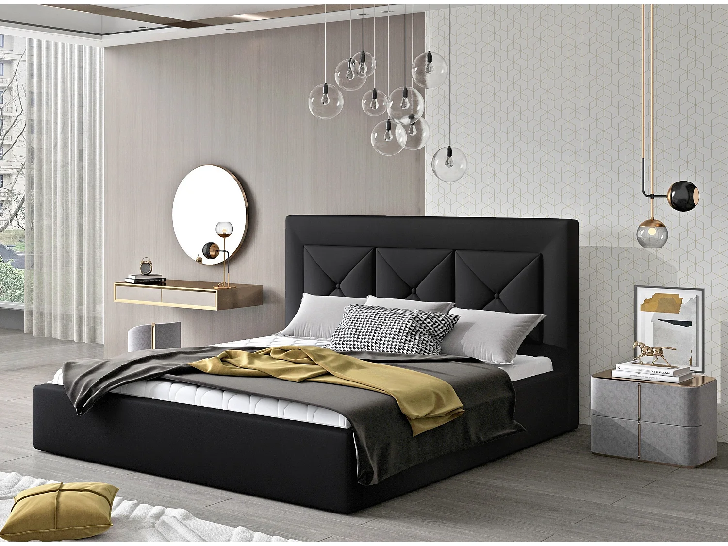 Lit double rembourré en simili cuir Clarin-Couleur Noir-160x200-Version coffre de rangement