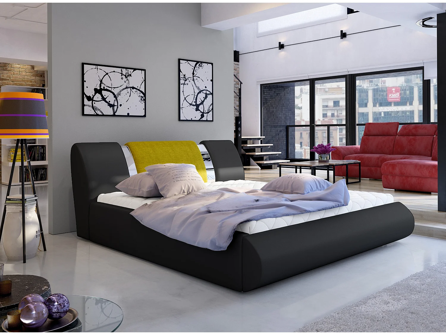 Lit coffre 140x200 simili noir-tissu jaune et métal chromé Flavien