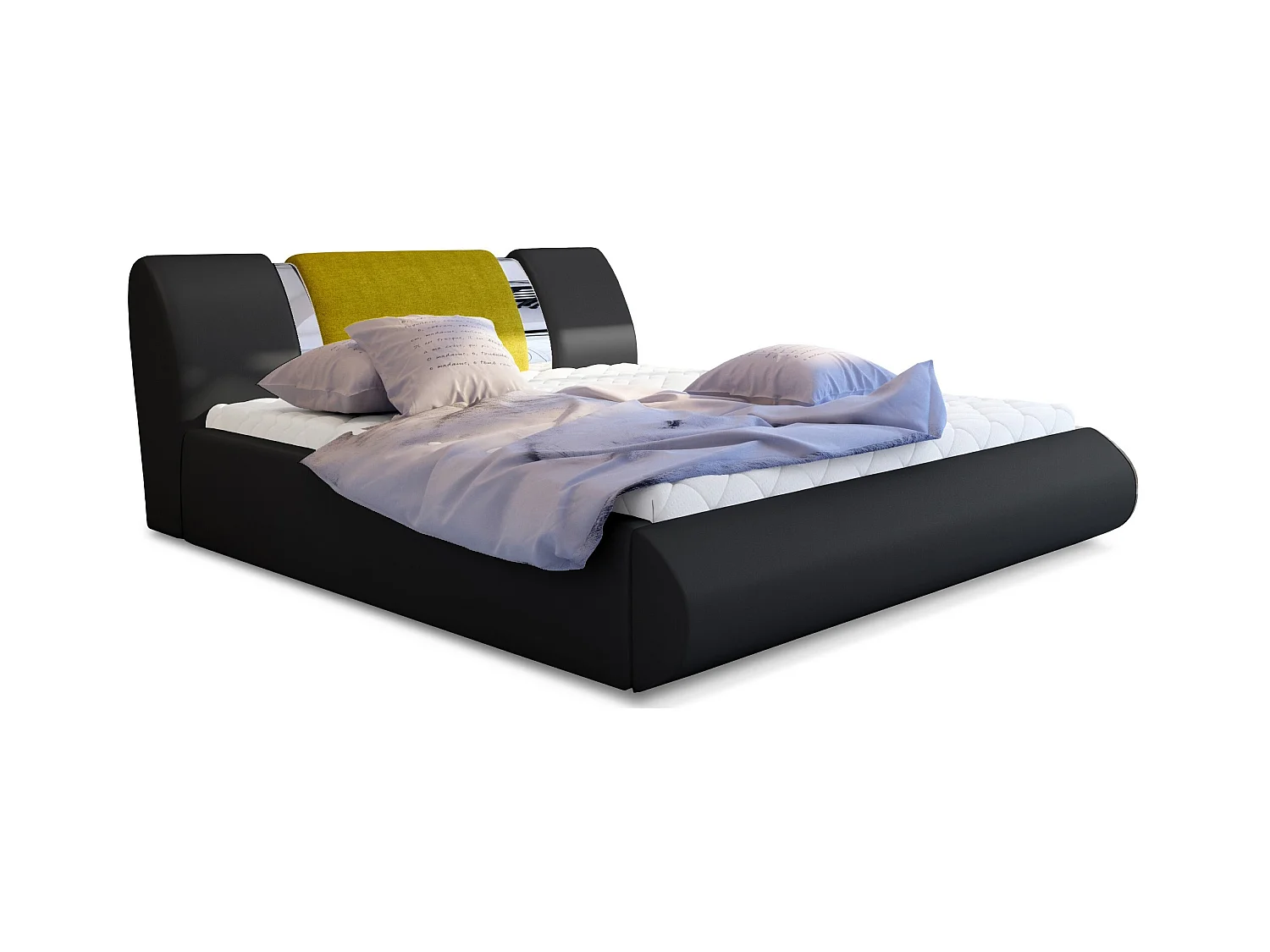 Lit coffre 140x200 simili noir-tissu jaune et métal chromé Flavien