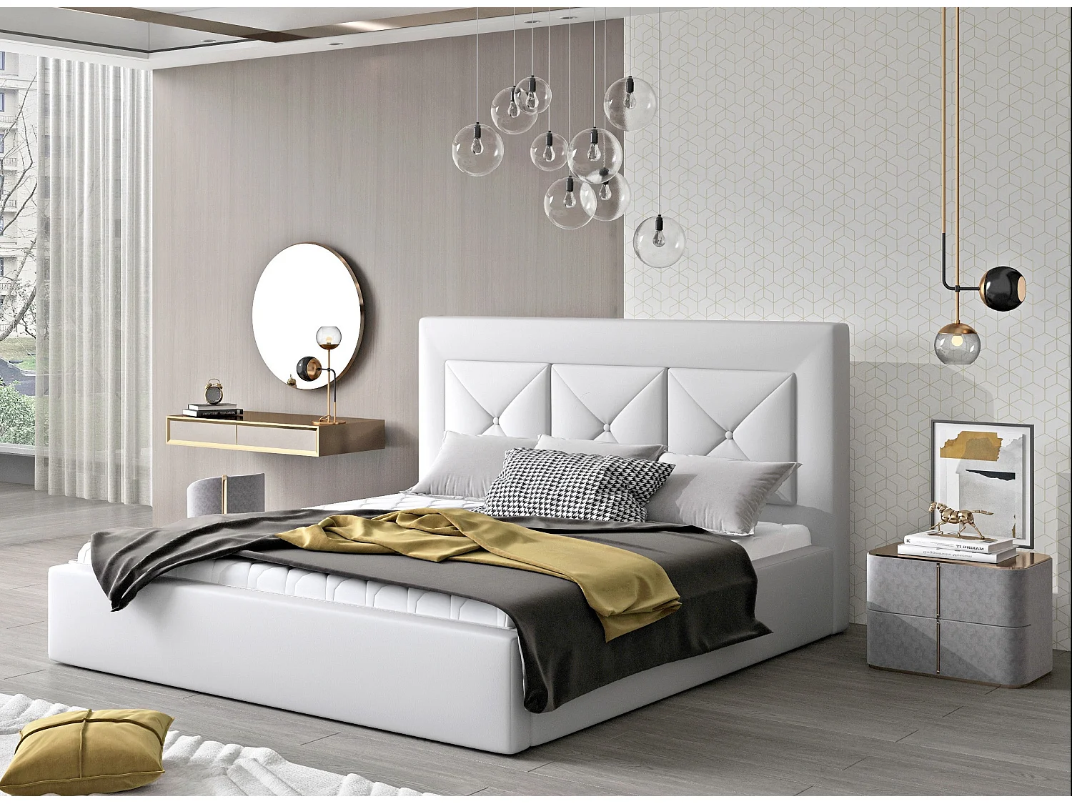 Lit double rembourré en simili cuir Clarin-Couleur Blanc-140x200-Version coffre de rangement