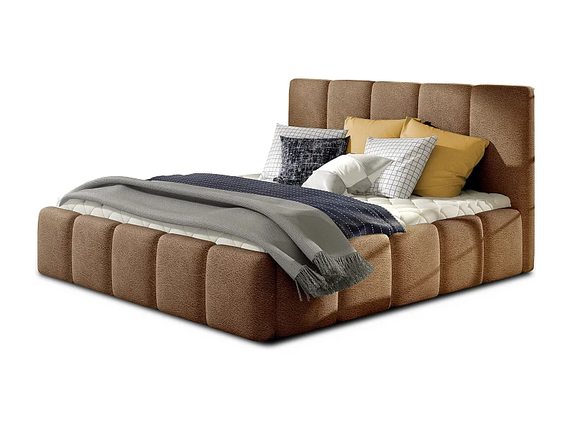 Lit adulte avec coffre de rangement Vika – Velours capitonné-Marron clair-160x200