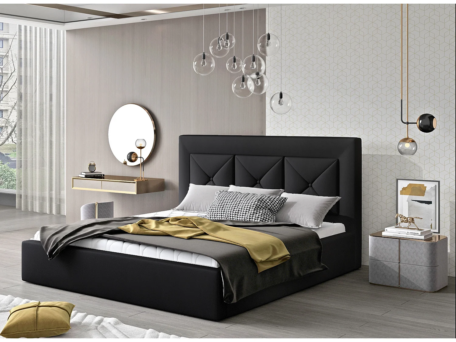 Lit double rembourré en simili cuir Clarin-Couleur Noir-180x200-Version coffre de rangement