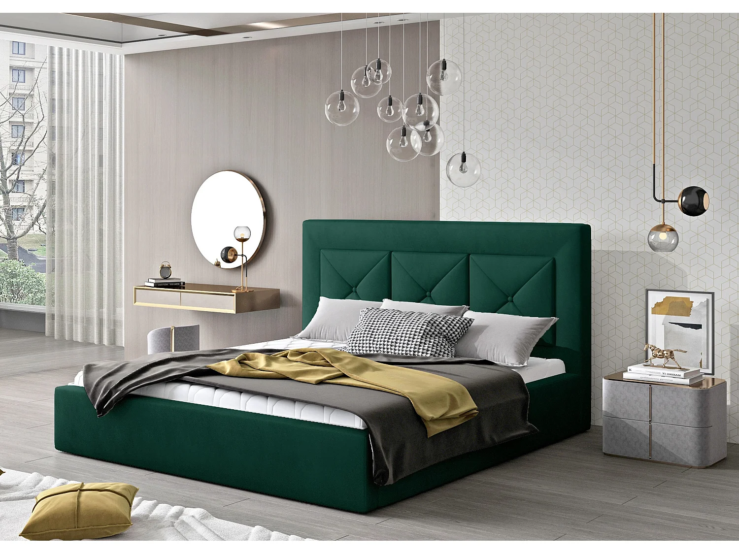 Lit double rembourré en velours Clarin-Couleur Vert épinard-140x200-Version coffre de rangement