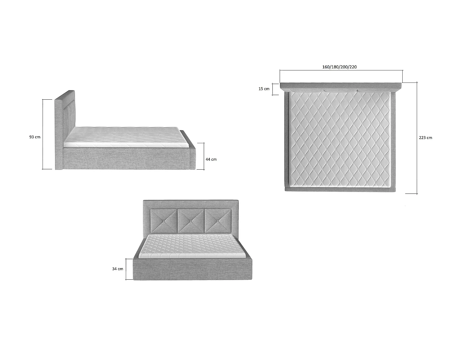 Lit double rembourré en velours Clarin-Couleur Gris-200x200-Version coffre de rangement