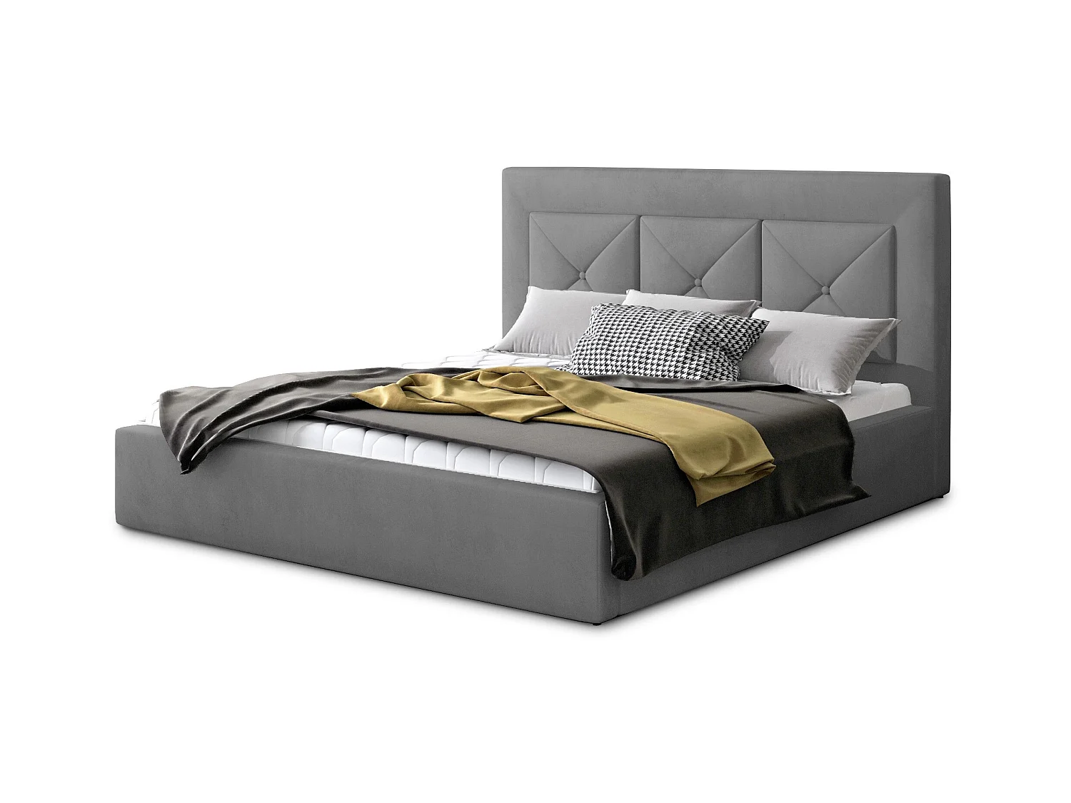 Tweepersoonsbed bekleed met Clarin-fluweel-Kleur Grijs-Slapen 200x200cm-Versie opslagruimte