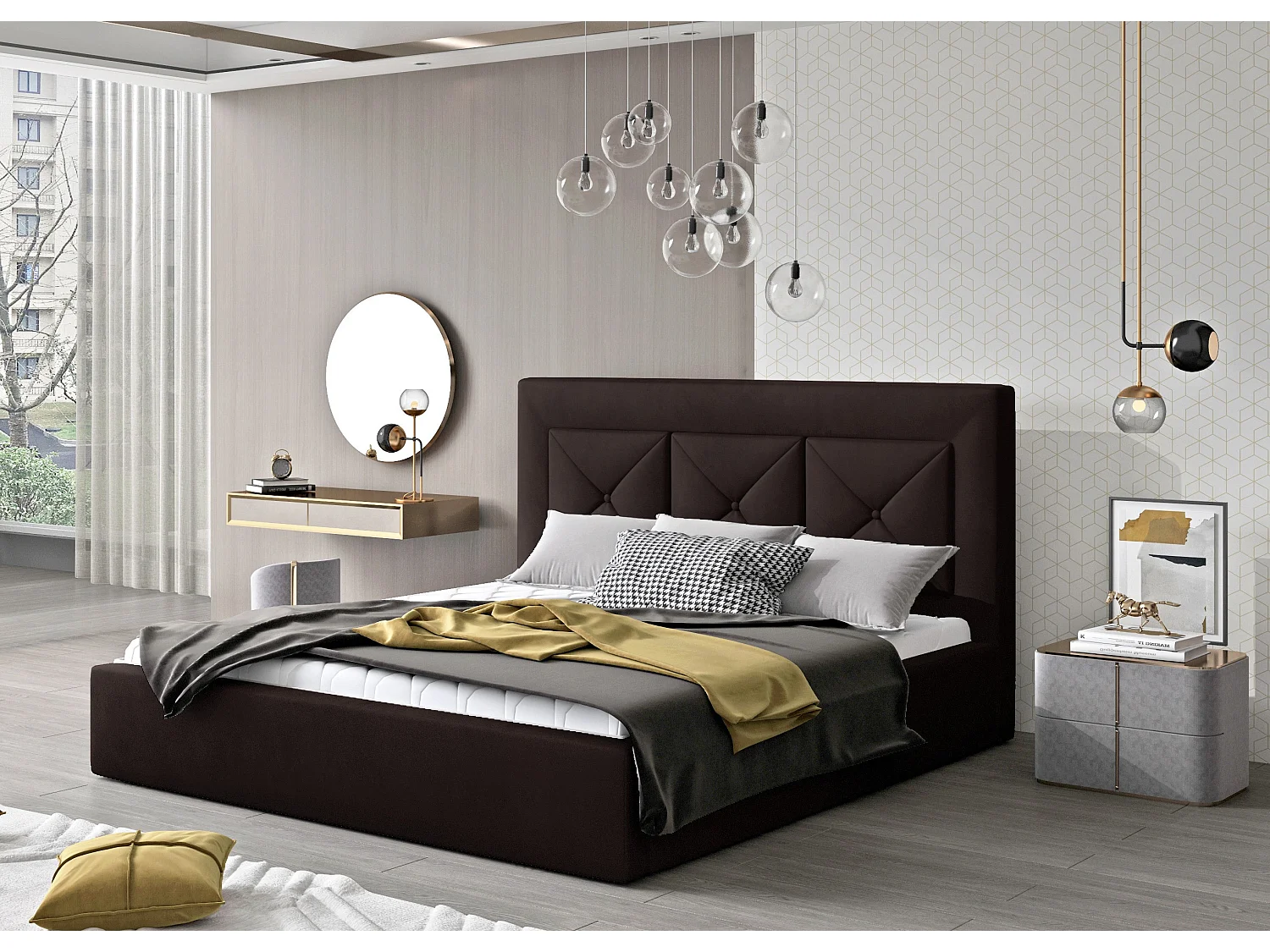 Lit double rembourré en velours Clarin-Couleur Marron-160x200-Version coffre de rangement