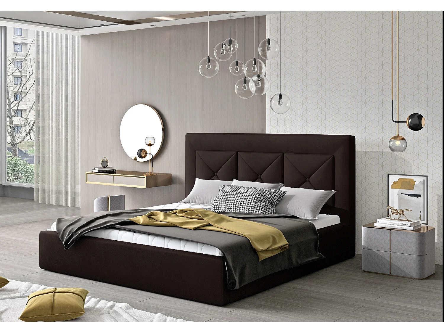 Lit double rembourré en velours Clarin-Couleur Marron-140x200-Version coffre de rangement