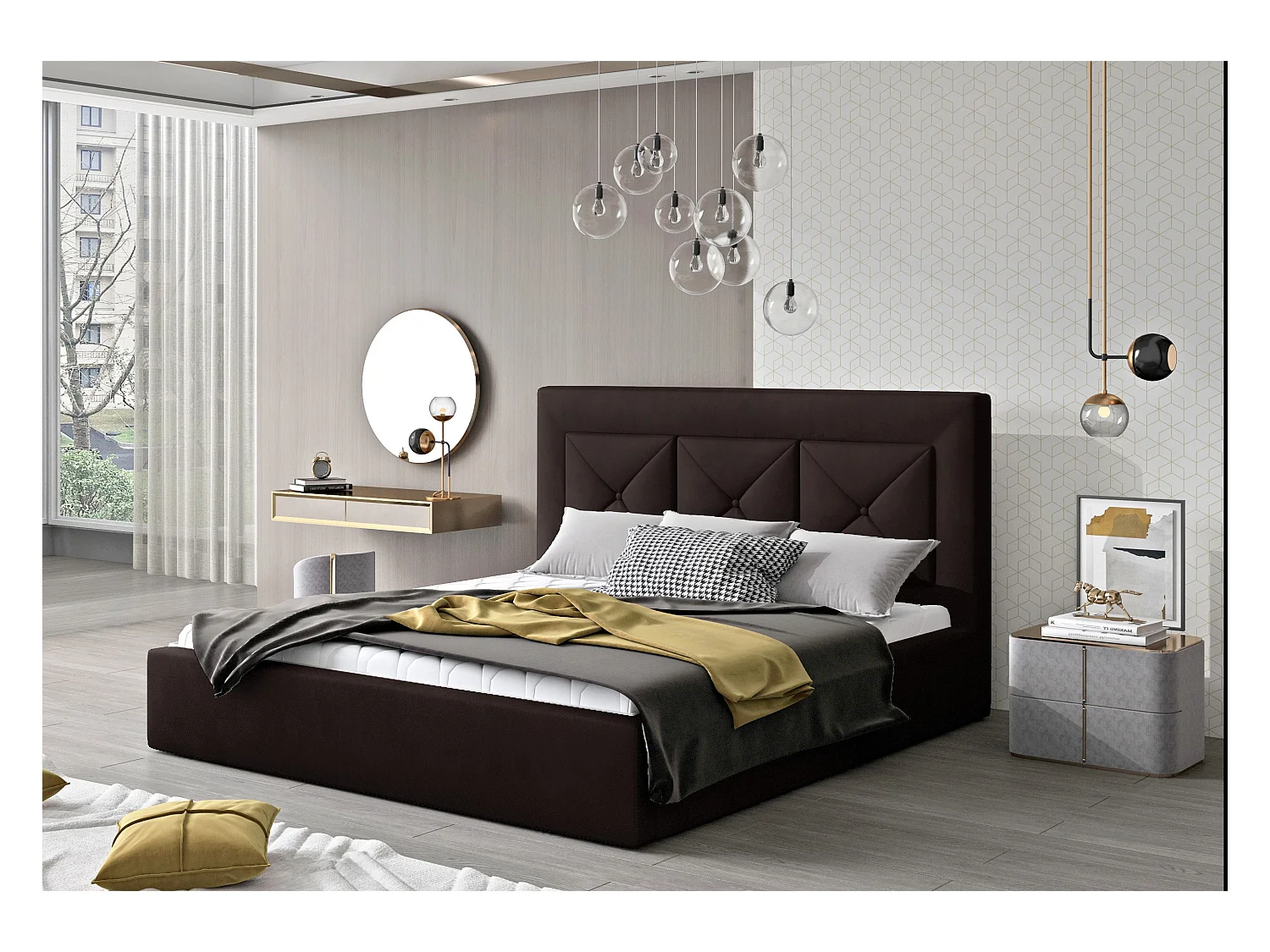 Lit double rembourré en velours Clarin-Couleur Marron-140x200-Version coffre de rangement