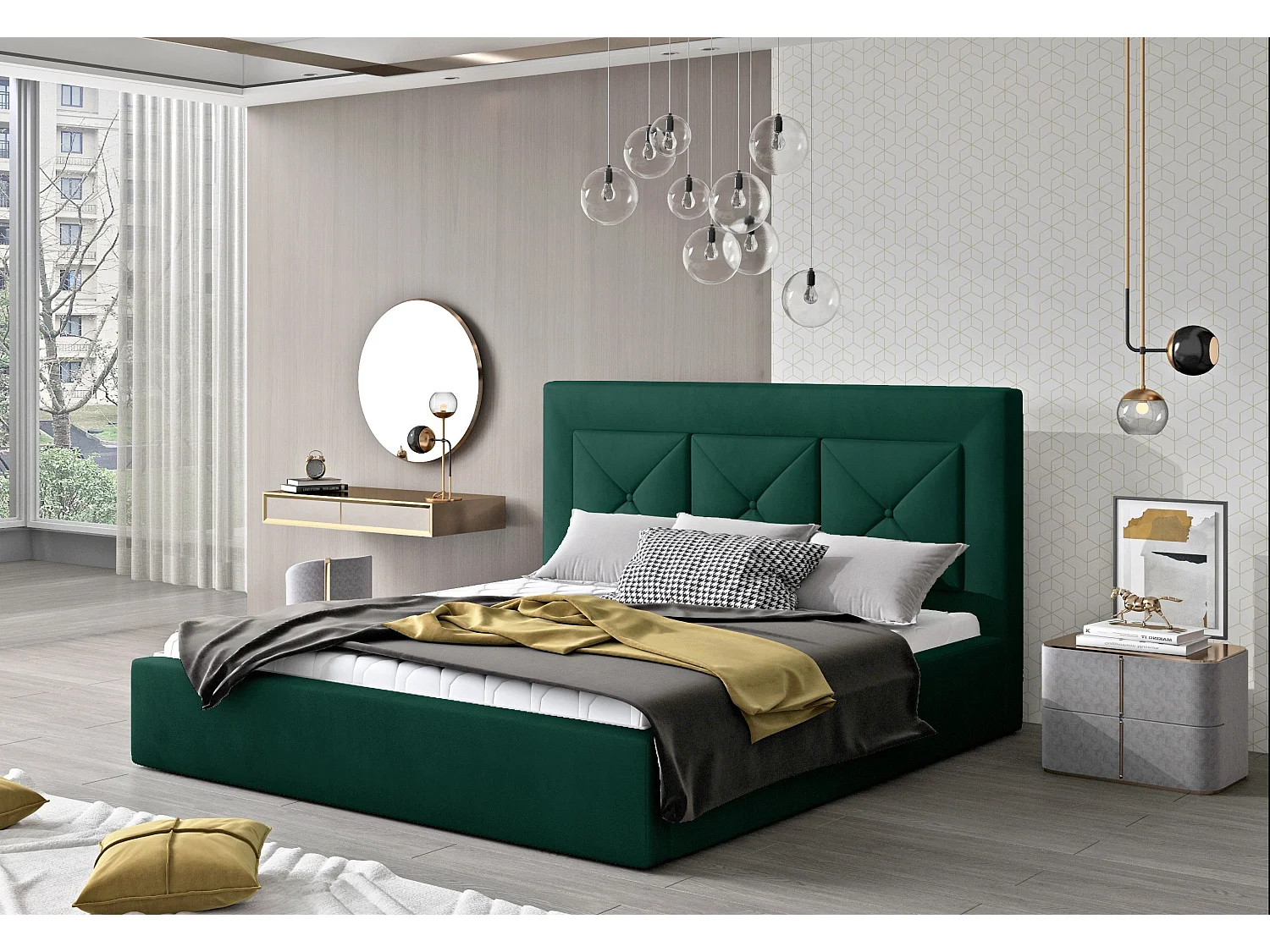 Lit double rembourré en velours Clarin-Couleur Vert épinard-200x200-Version coffre de rangement