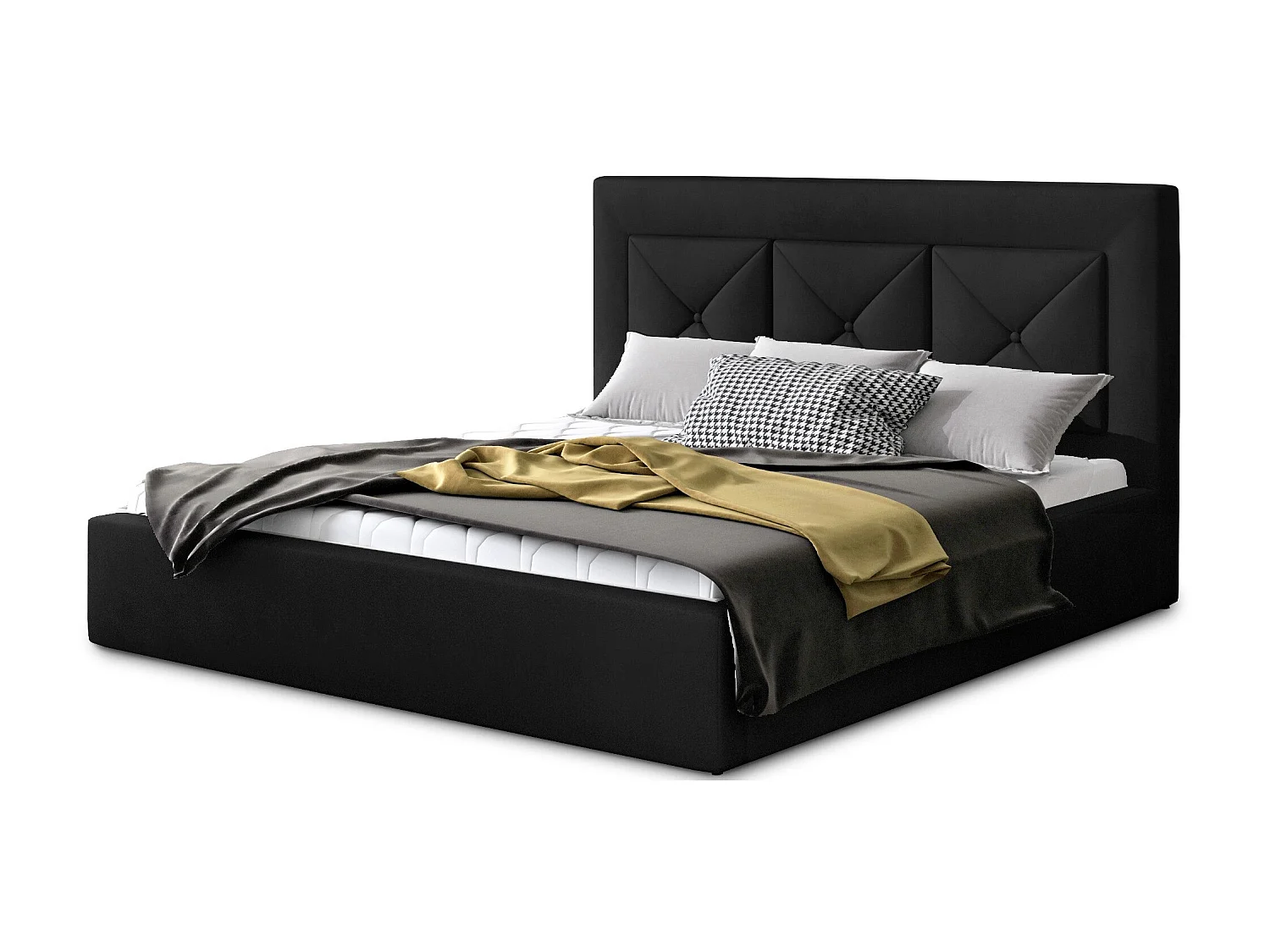 Tweepersoonsbed bekleed met Clarin-fluweel-Kleur Zwart-Slapen 160x200cm-Versie opslagruimte