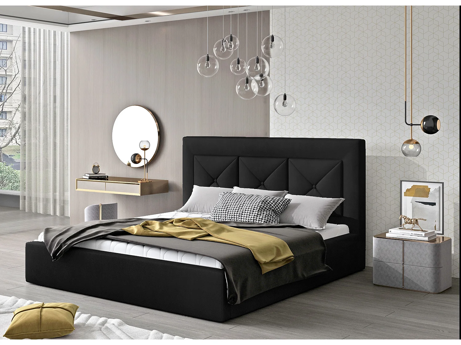 Tweepersoonsbed bekleed met Clarin-fluweel-Kleur Zwart-Slapen 160x200cm-Versie opslagruimte