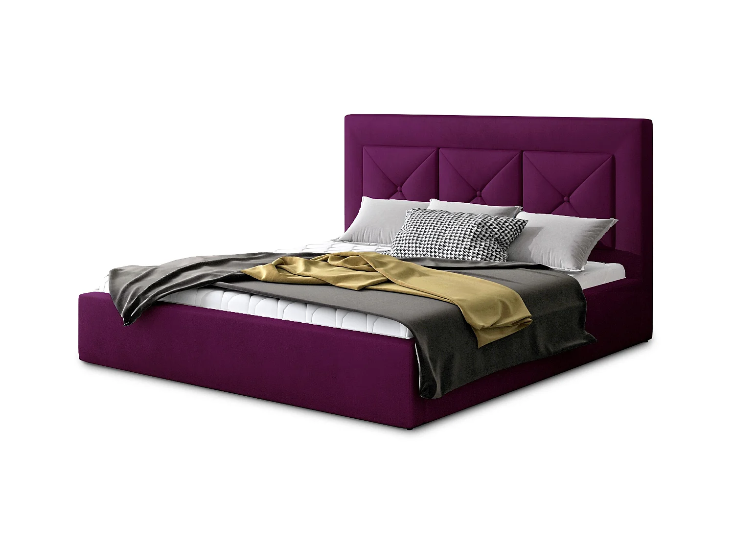 Lit double rembourré en velours Clarin-Couleur Magenta foncé-140x200-Version coffre de rangement