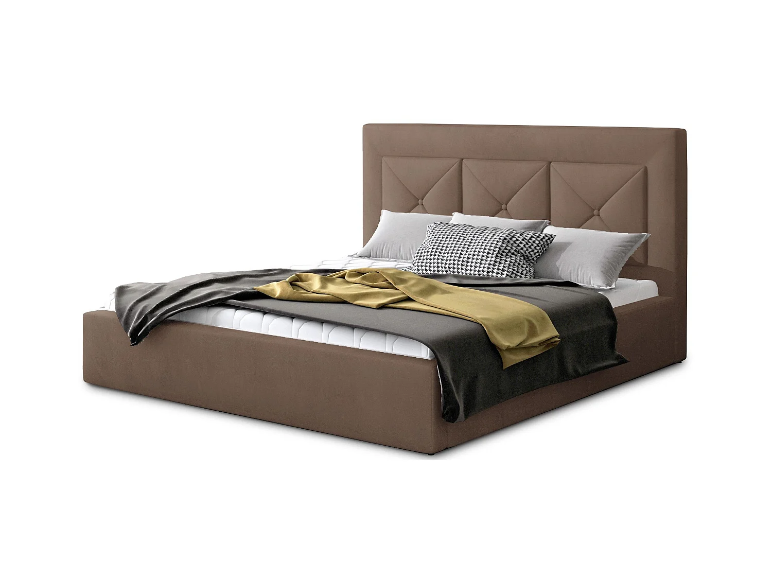 Lit double rembourré en velours Clarin-Couleur Marron clair-160x200-Version coffre de rangement