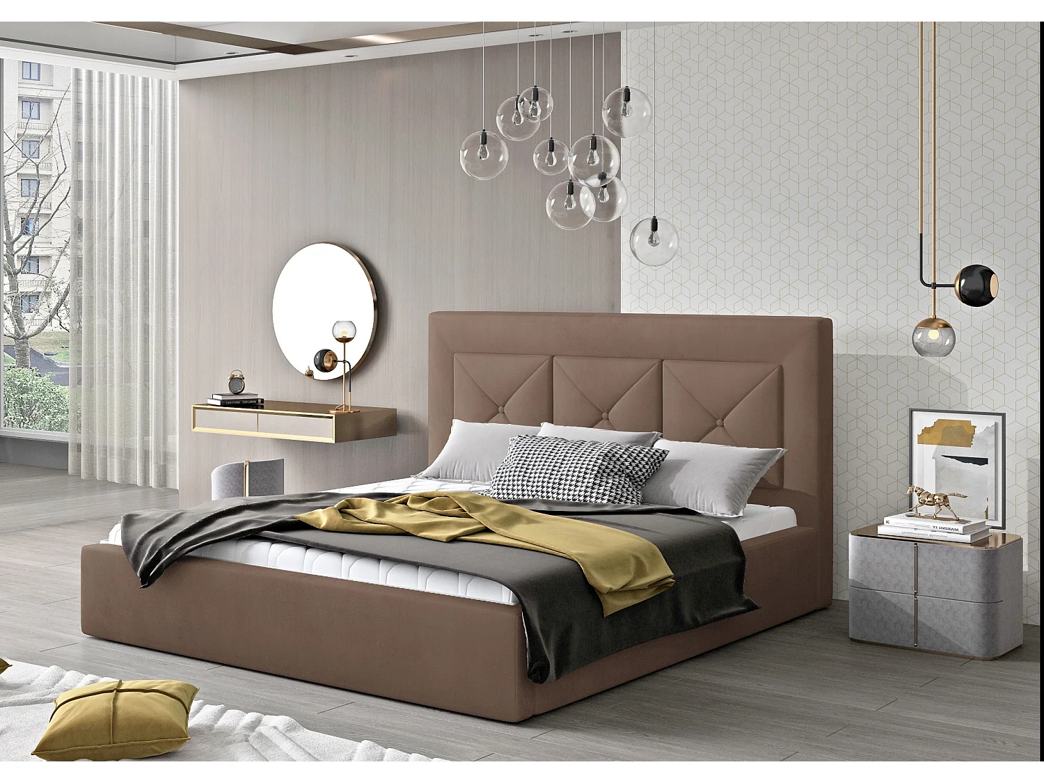 Lit double rembourré en velours Clarin-Couleur Marron clair-160x200-Version coffre de rangement