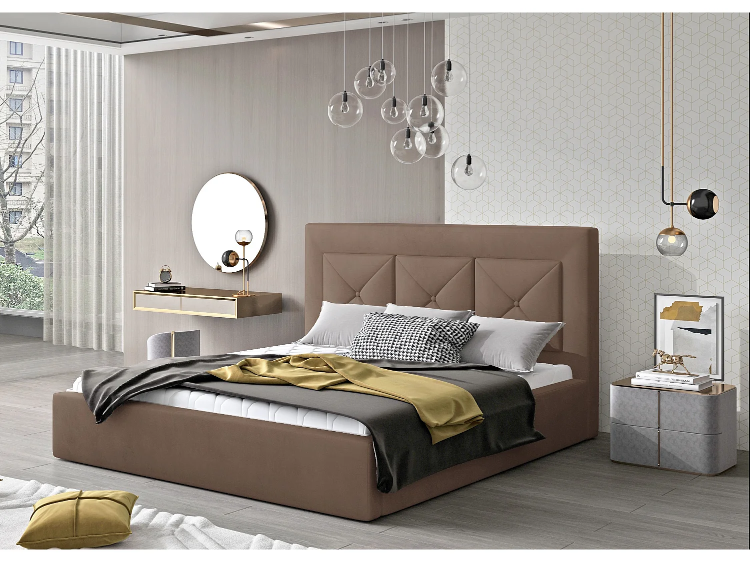 Lit double rembourré en velours Clarin-Couleur Marron clair-140x200-Version coffre de rangement