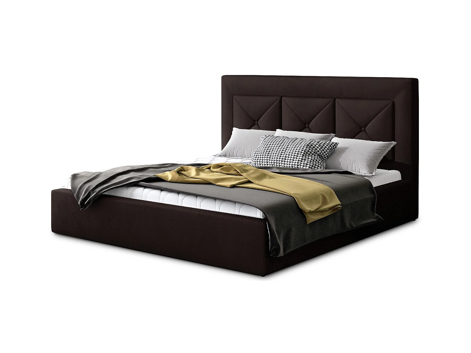Lit double rembourré en velours Clarin-Couleur Marron-160x200-Version coffre de rangement