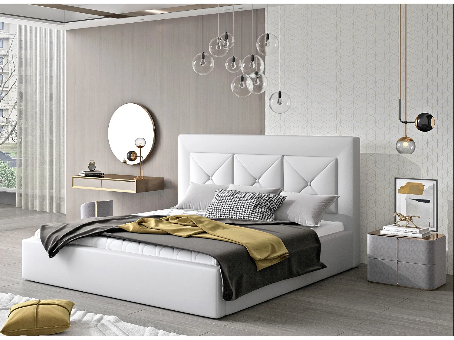 Lit double rembourré en simili cuir Clarin-Couleur Blanc-180x200-Version coffre de rangement