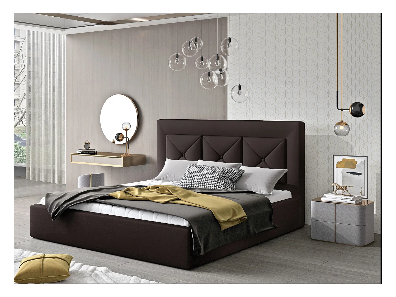 Lit double rembourré en simili cuir Clarin-Couleur Marron-160x200-Version coffre de rangement