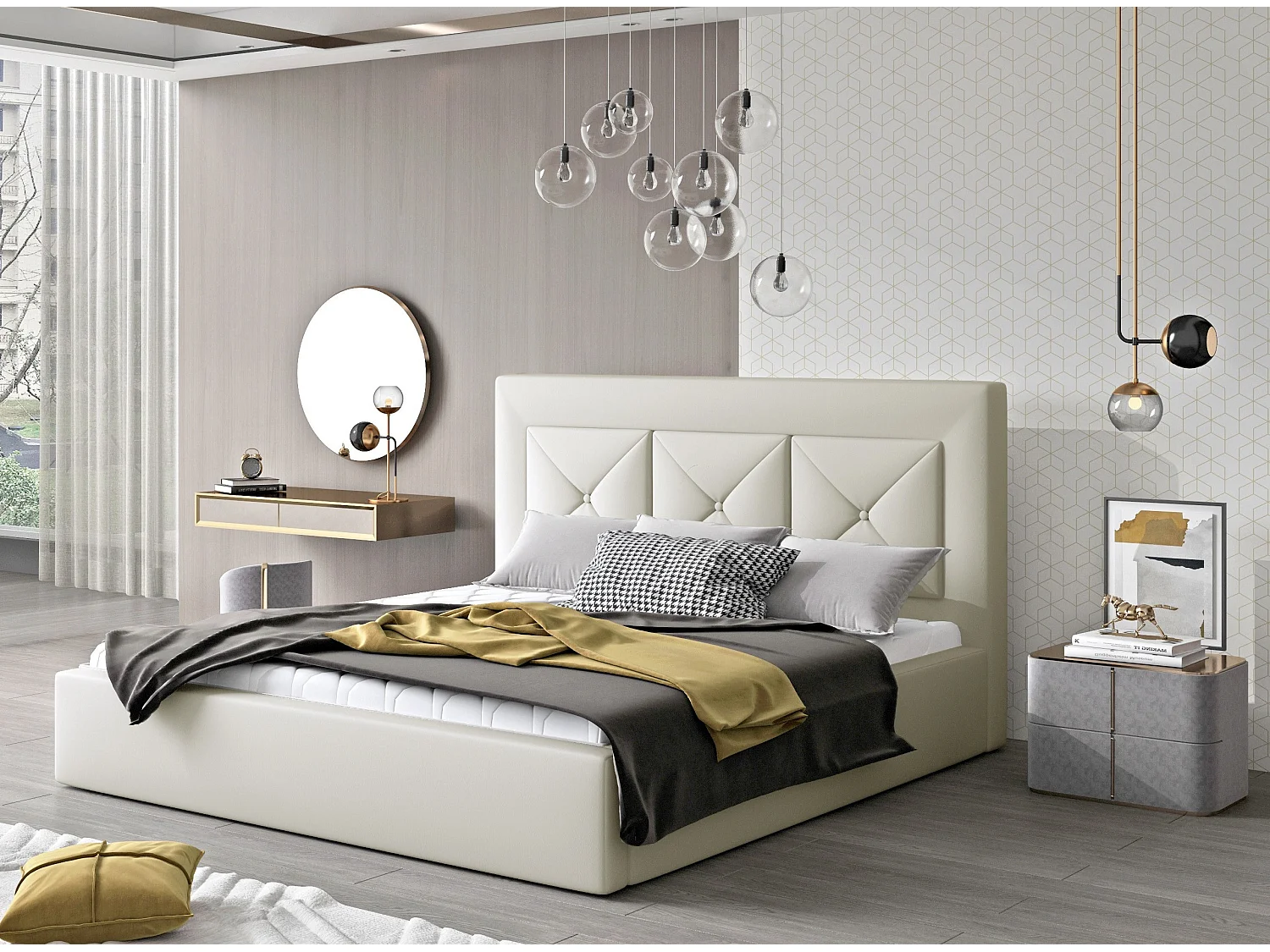 Lit double rembourré en simili cuir Clarin-Couleur Crème-140x200-Version coffre de rangement