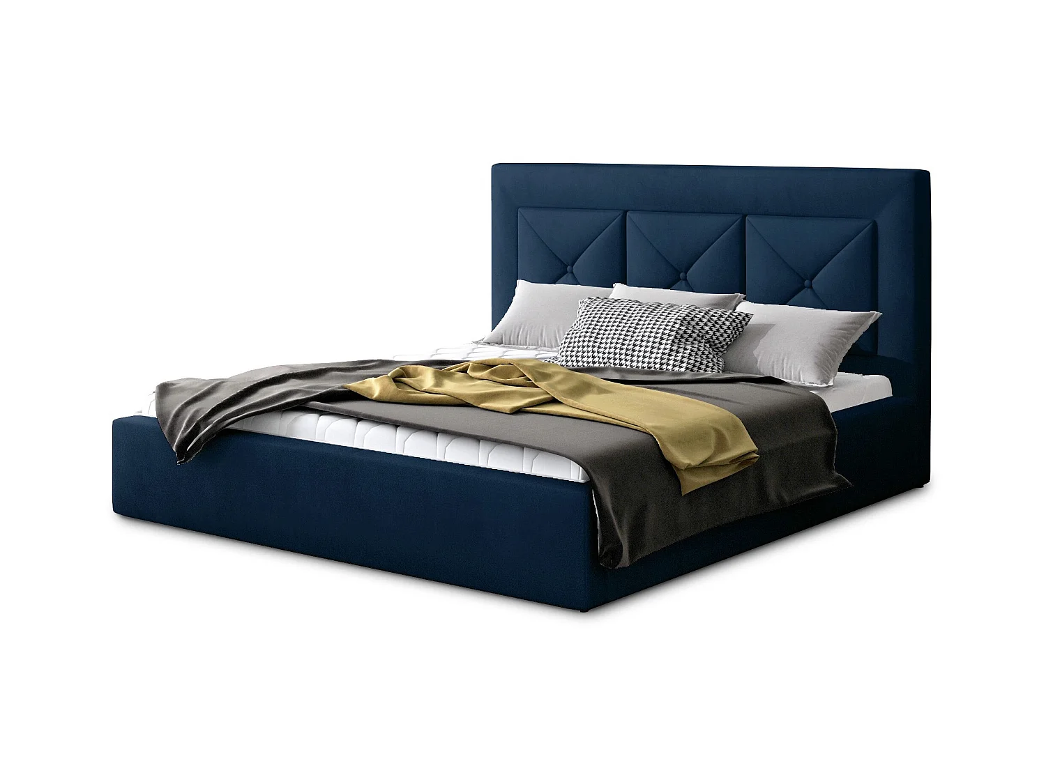 Lit double rembourré en velours Clarin-Couleur Bleu nuit-180x200-Version coffre de rangement