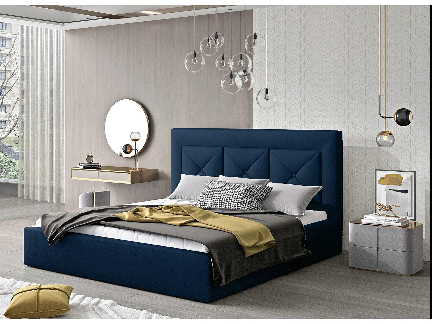 Lit double rembourré en velours Clarin-Couleur Bleu nuit-180x200-Version coffre de rangement