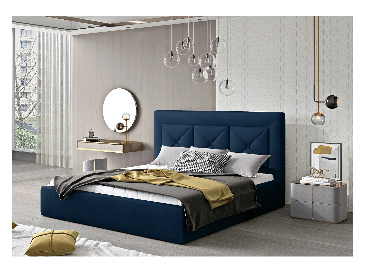 Lit double rembourré en velours Clarin-Couleur Bleu nuit-160x200-Version coffre de rangement