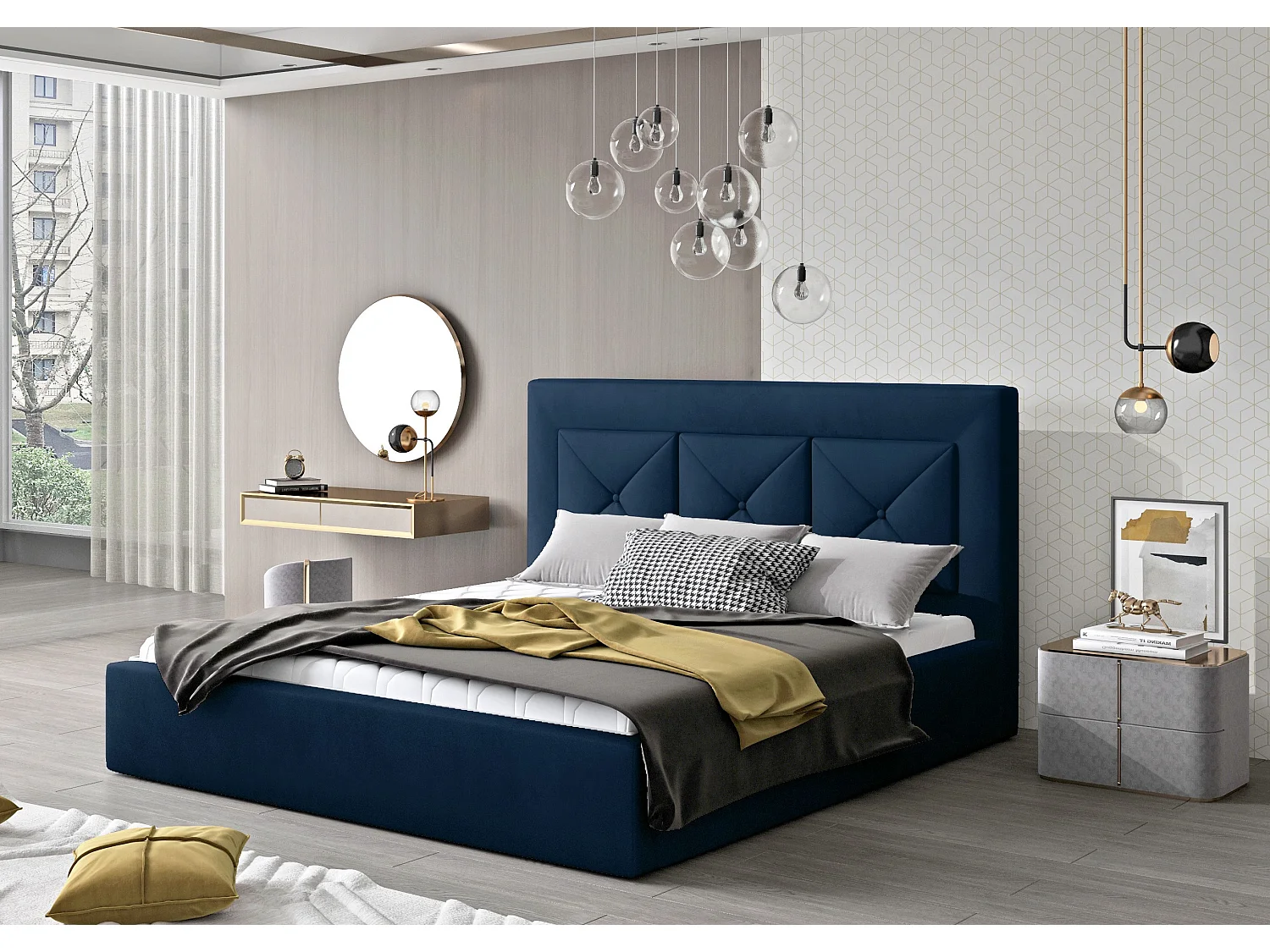 Lit double rembourré en velours Clarin-Couleur Bleu nuit-160x200-Version coffre de rangement