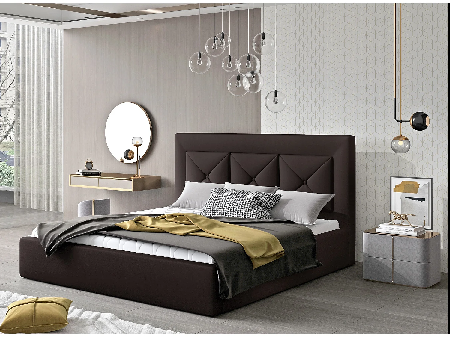 Lit double rembourré en simili cuir Clarin-Couleur Marron-200x200-Version coffre de rangement