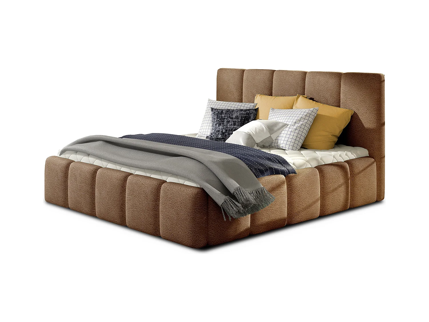 Vika volwassen bed met opbergdoos – Gewatteerd fluweel-Kleur Lichtbruin-Slapen 140x200cm