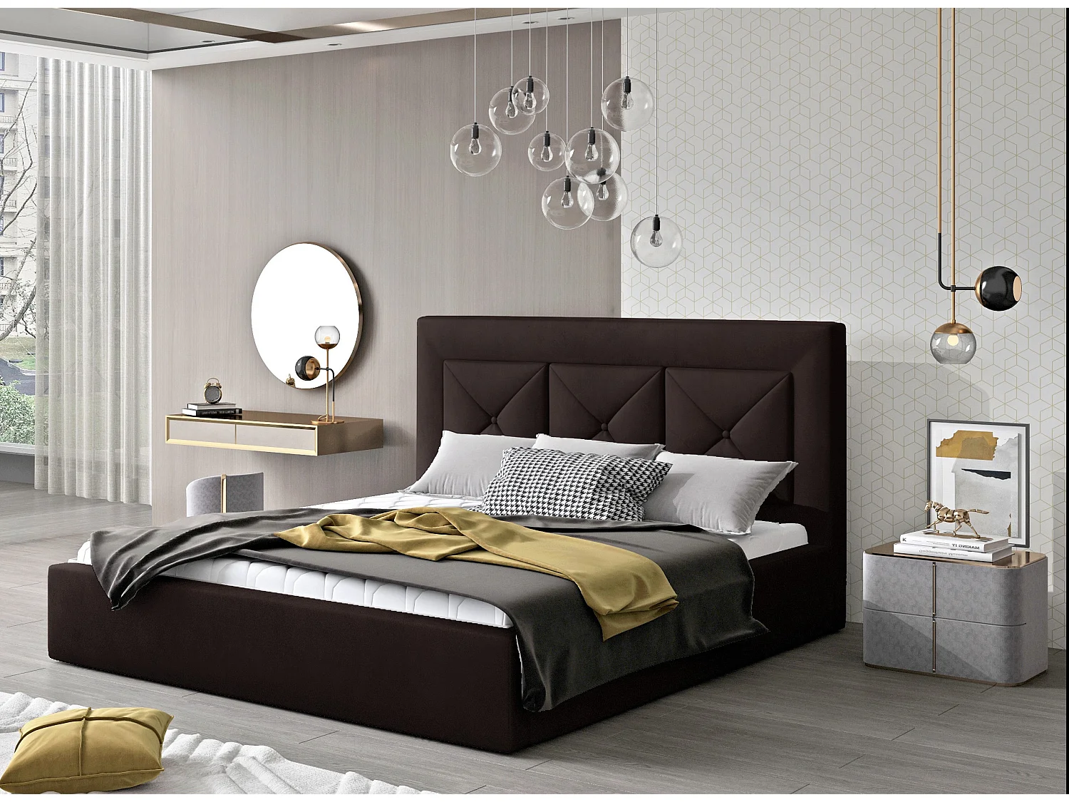 Lit double rembourré en velours Clarin-Couleur Marron-200x200-Version coffre de rangement