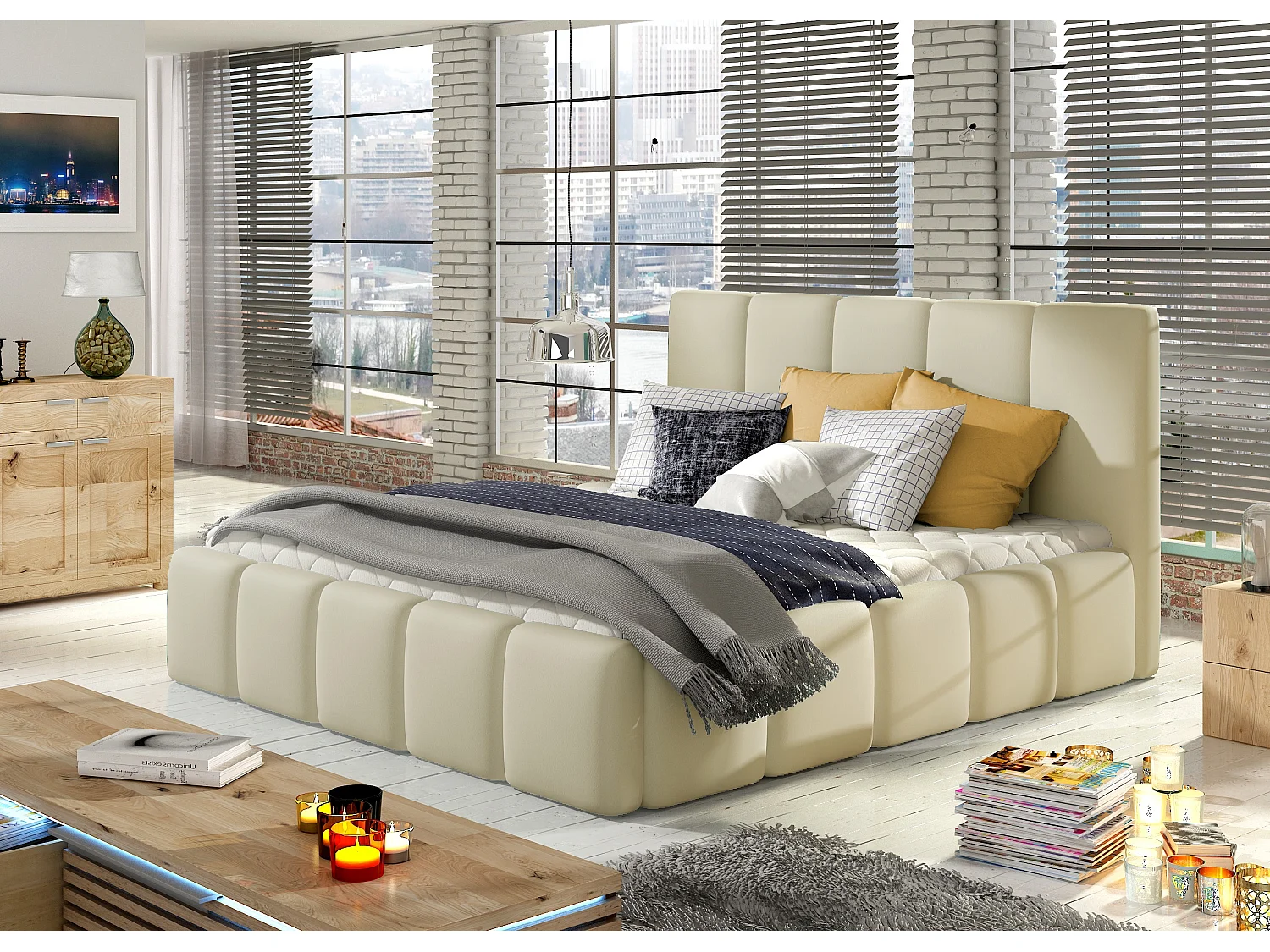 Lit adulte avec coffre de rangement Vika – Simili cuir capitonné-Beige clair-140x200