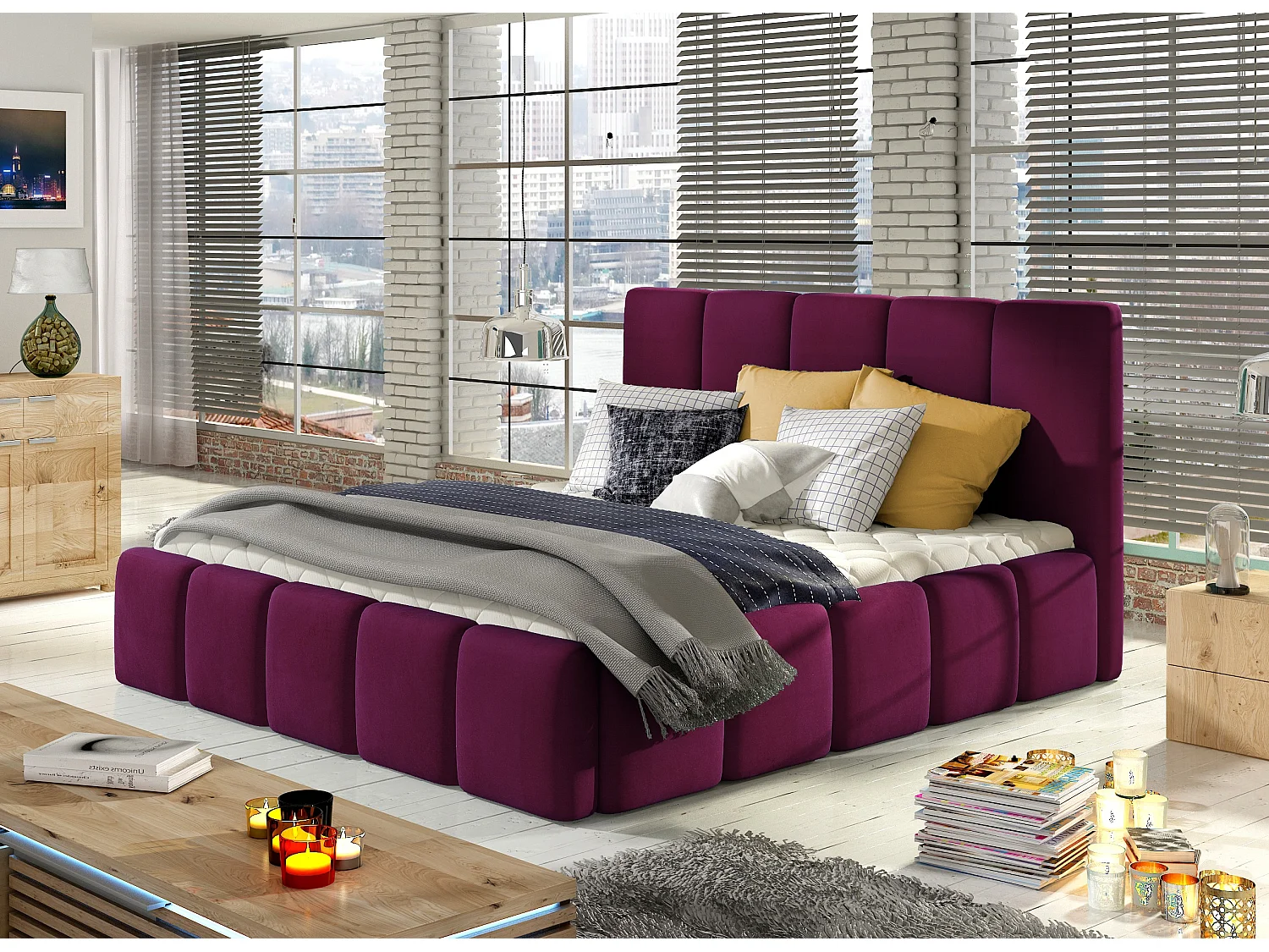 Lit adulte avec coffre de rangement Vika – Velours capitonné-Prune-180x200