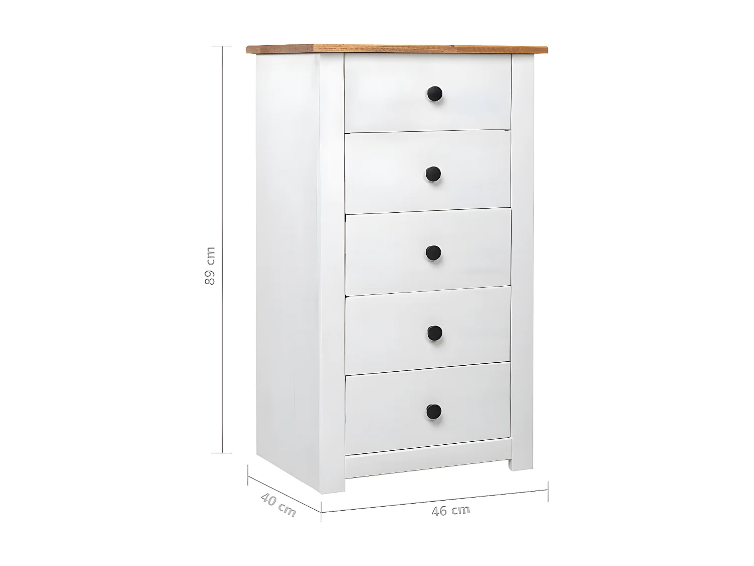 Chiffonnier 5 tiroirs pin massif blanc et clair Iris 46cm