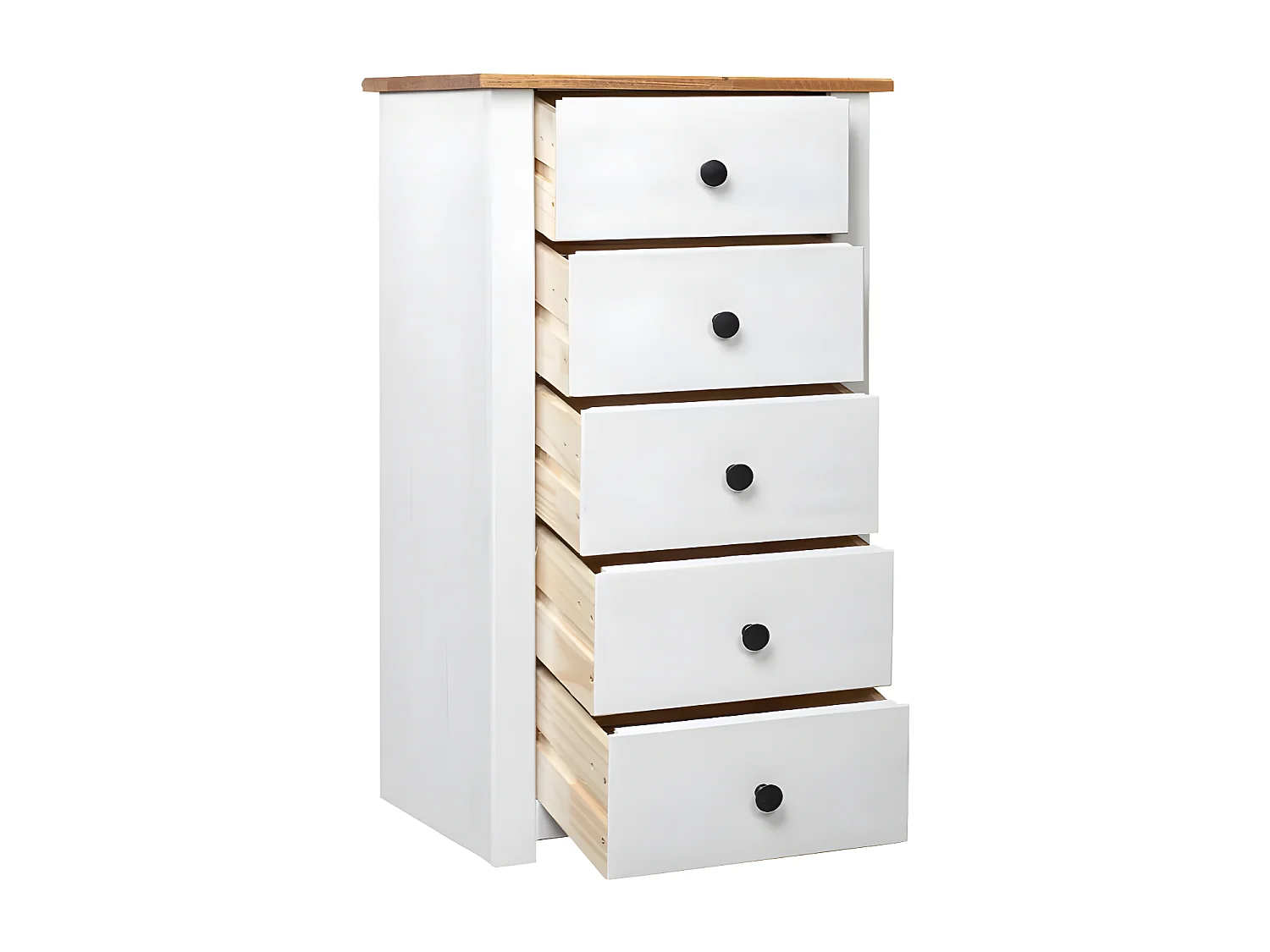 Chiffonnier 5 tiroirs pin massif blanc et clair Iris 46cm