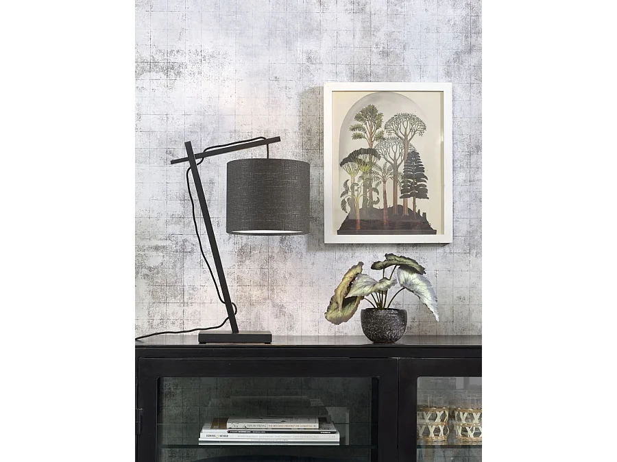 Lampe de table en bambou noir avec abat-jour gris foncé