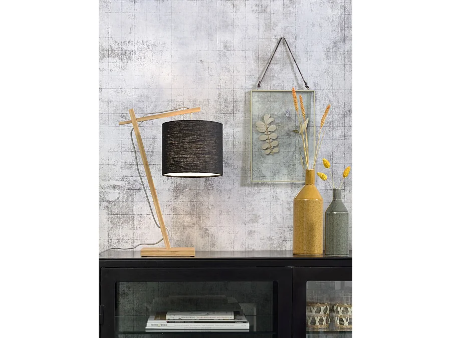 Lampe de table en bambou marron avec abat-jour noir