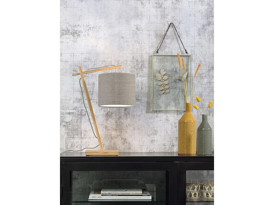 Bruine bamboe tafellamp met donker linnen lampenkap