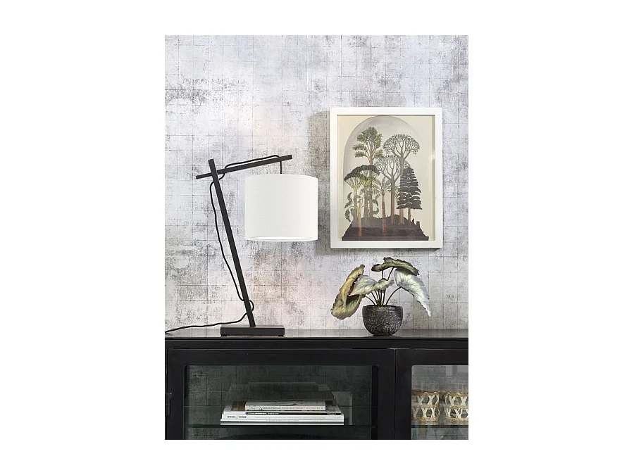 Lampada da tavolo in bamboo nera con paralume bianco