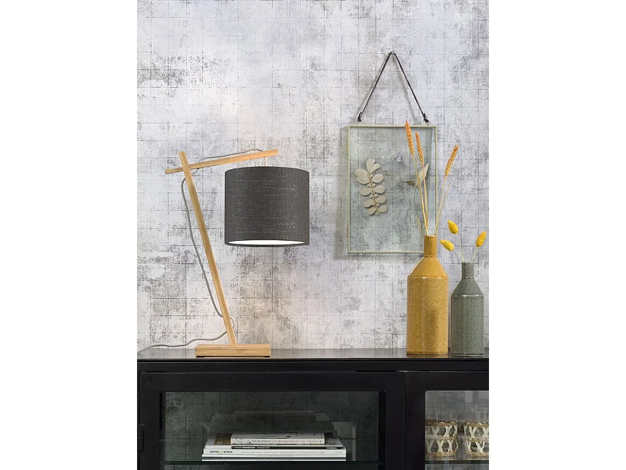 Lampe de table en bambou marron avec abat-jour gris foncé