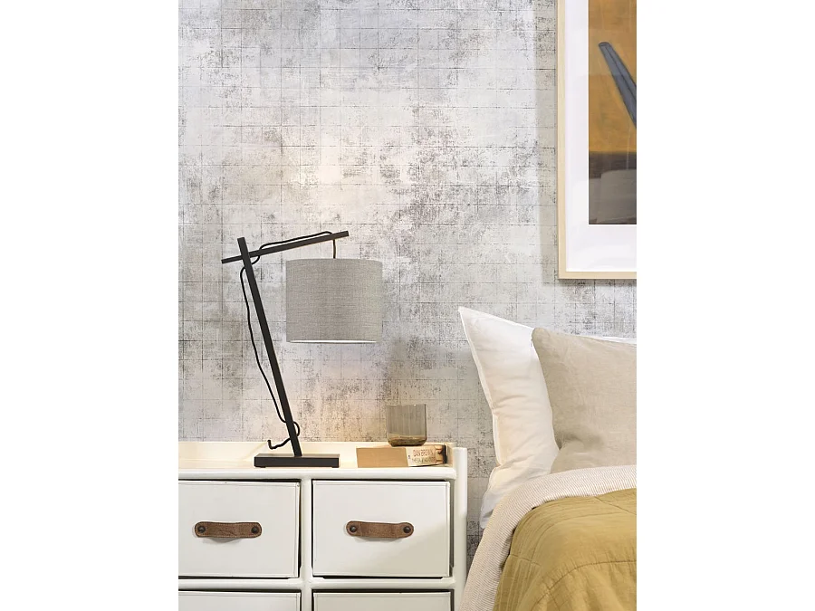 Lampe de table en bambou noir avec abat-jour en lin foncé