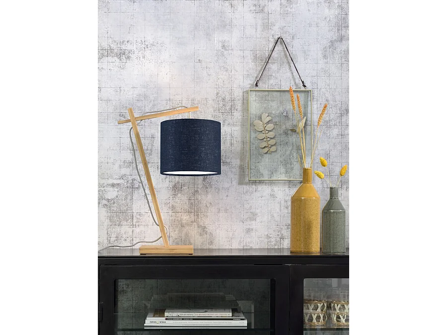 Lampe de table en bambou marron avec abat-jour bleu nuit