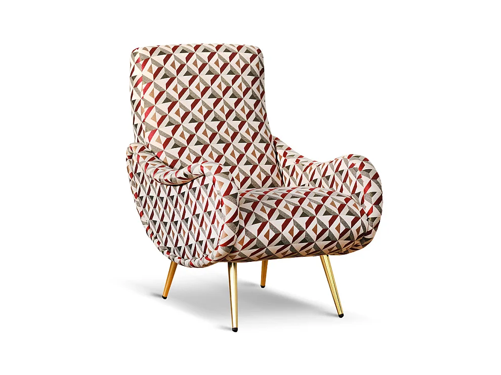 Poltrona design vintage in tessuto motivo geometrico gambe oro