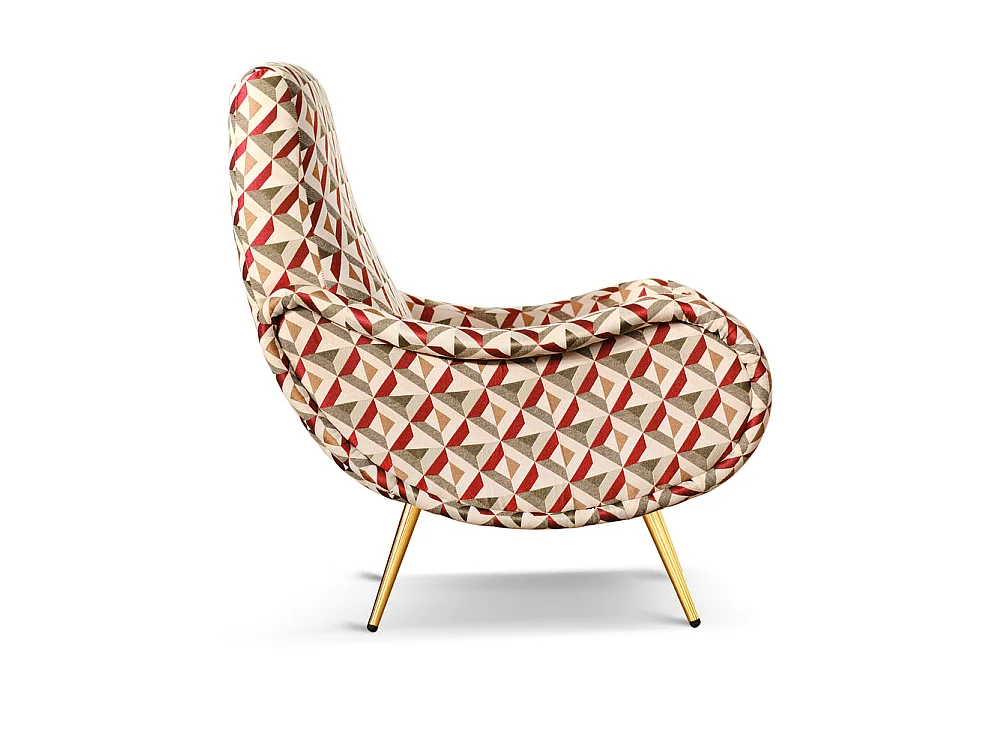 Poltrona design vintage in tessuto motivo geometrico gambe oro